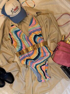 YMI Rainbow One Piece Swimsuit XL Colorful Halter Ring Detail Open Back